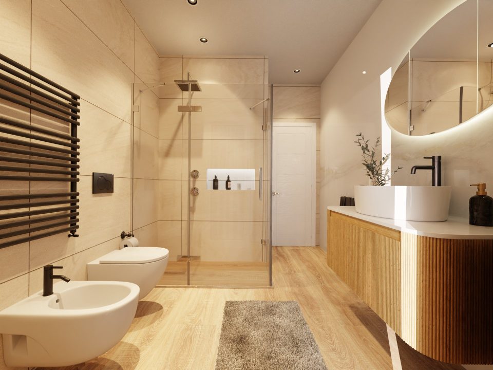 Rendering 3D Colombo 40 di Loman, bagno con doccia