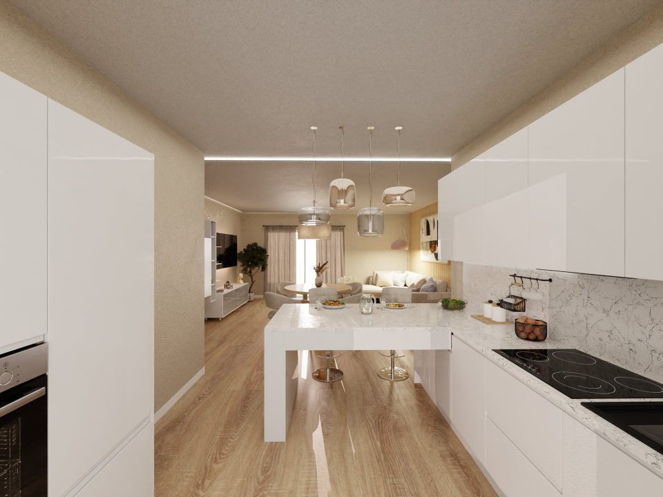 Rendering 3D Colombo 40 di Loman, open space con cucina