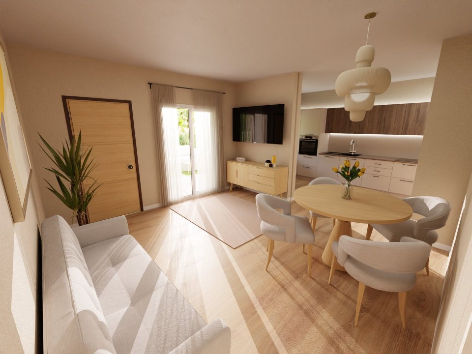 Rendering 3D Colombo 40 di Loman, soggiorno al piano terra