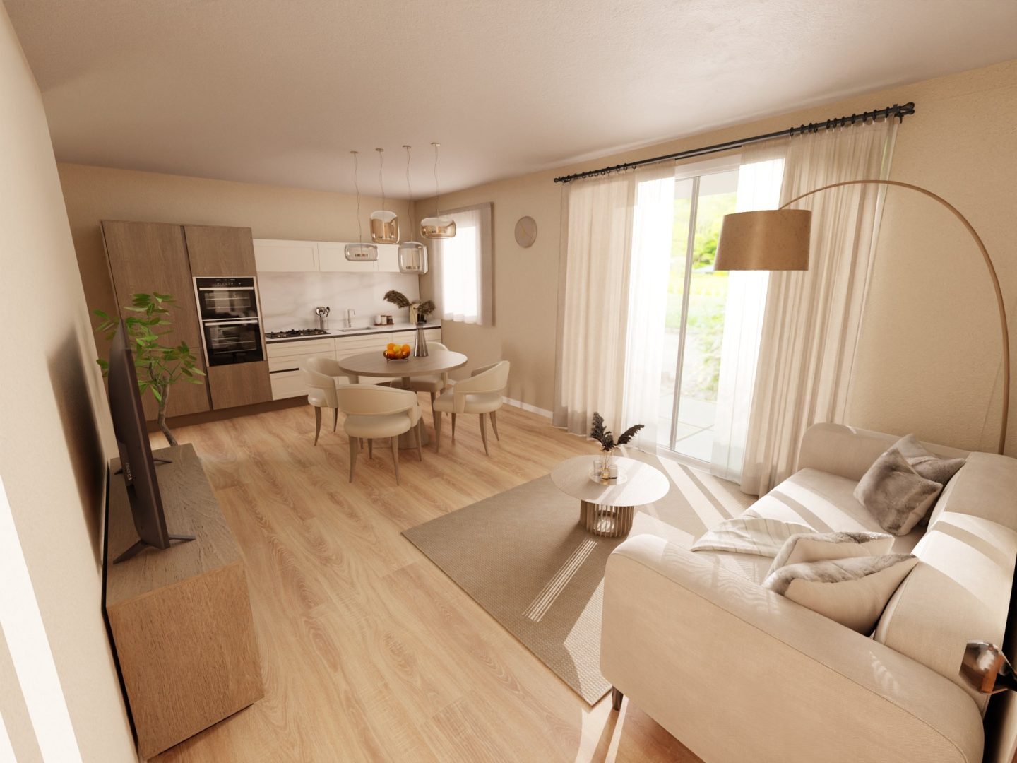 Rendering 3D Colombo 40 di Loman, soggiorno al primo piano